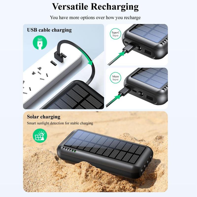 Solar Power Bank for Summer, 1 Count Chargeable Power Bank with 4 Output Cables & LED Flashlight for Smartphone, Portable Compact Multicharger with LED Lights, Power Bank Charger, Phone Accessories