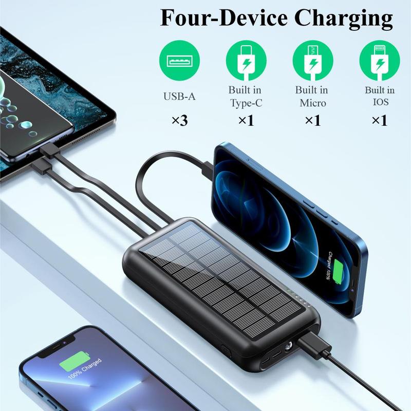 Solar Power Bank for Summer, 1 Count Chargeable Power Bank with 4 Output Cables & LED Flashlight for Smartphone, Portable Compact Multicharger with LED Lights, Power Bank Charger, Phone Accessories