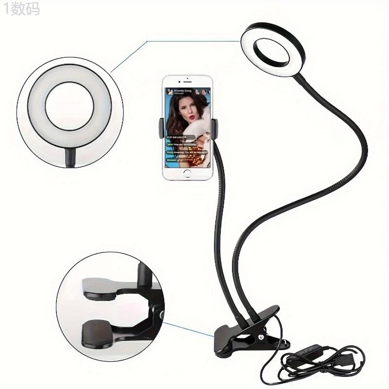 Iron Phone Grip Stand with 2-in-1 Ring Light and Clip-on Gooseneck Light, Non-Waterproof Desk Reading and Video Recording Lamp, Study Night Light for Bedside and Tabletop Use Selfie Smartphone