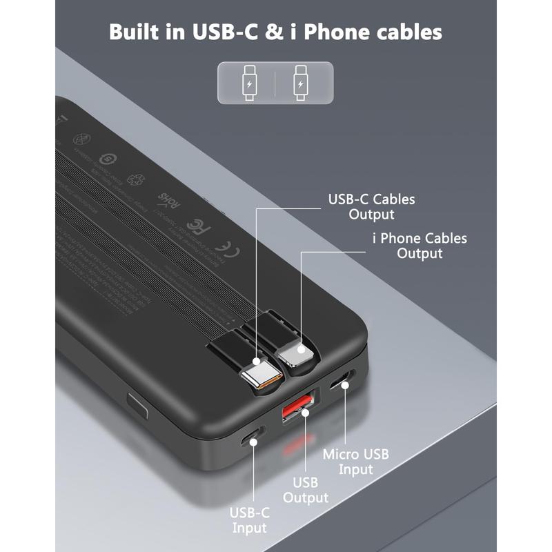 Portable Charger, 10000mAh Power Bank with 2 Built-in Cables, 22.5W Fast Charging with Screen, Travel Battery Pack for iChargeable Phone, i Pad, Samsung, Google Pixel, LG and more Device Compact Chargeable