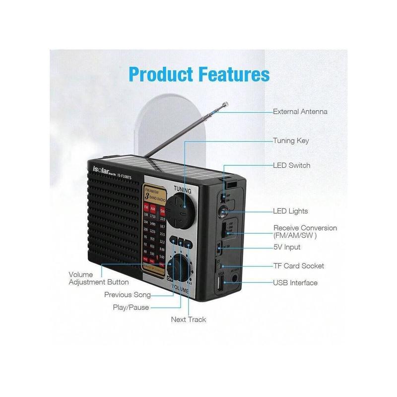 GX 3-Way Powered Solar Emergency Radio - AM FM Digital Speaker With LED Flashlight, USB And TF Card Interface, Rechargeable Battery, Adjustable Volume, Perfect For Outdoor Activities And Emergency Situations Audio Solar radio