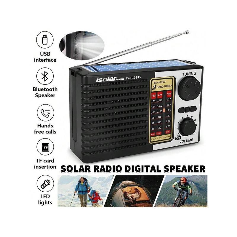 GX 3-Way Powered Solar Emergency Radio - AM FM Digital Speaker With LED Flashlight, USB And TF Card Interface, Rechargeable Battery, Adjustable Volume, Perfect For Outdoor Activities And Emergency Situations Audio Solar radio