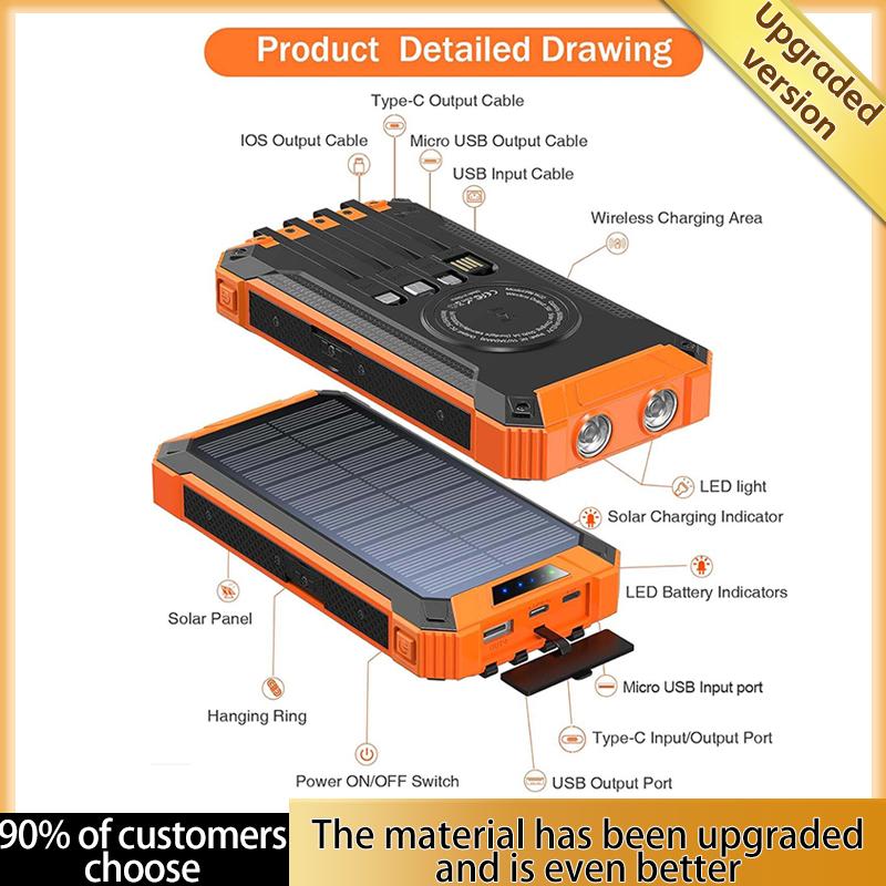 20000mah large capacity magnetic solar power bank with built-in charging cable