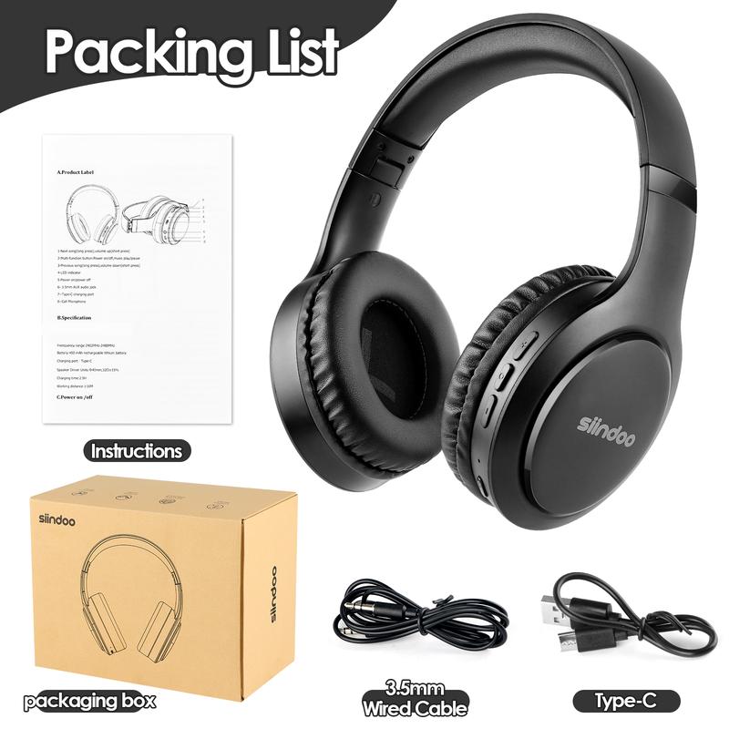 Siindoo Bluetooth Headphones Over Ear, 65H Playtime and 3 EQ Music Modes Wireless Headphones with Mic, Stereo Foldable Wireless Audio Gaming Headset