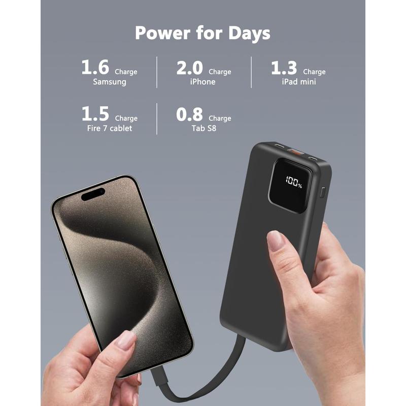 Portable Charger, 10000mAh Power Bank with 2 Built-in Cables, 22.5W Fast Charging with Screen, Travel Battery Pack for iChargeable Phone, i Pad, Samsung, Google Pixel, LG and more Device Compact Chargeable