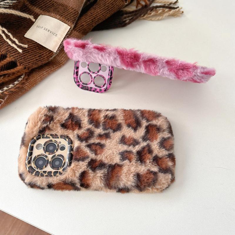 Fashion Leopard Print Plush Phone Case, 1 Count Cute Phone Protective Cover, Phone Accessory Compatible with iPhone 16 15 Pro Max 15 Pro 15 Plus 14 Pro Max