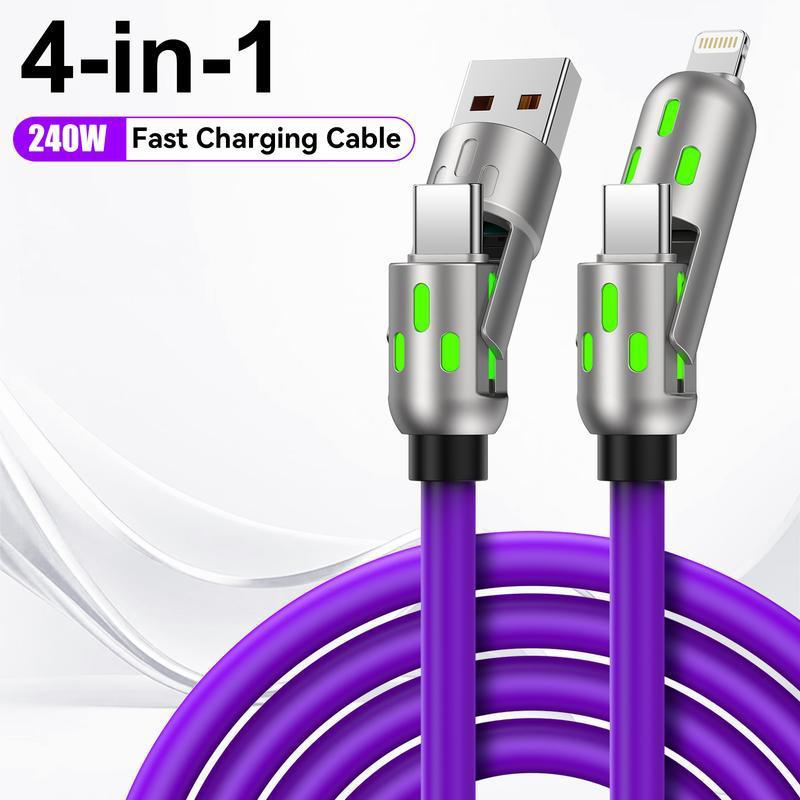 Christmas gift   240w 4-in-1 USB C Cable,Multi Charger Cable with Breathing Light, PD 5A Multi Fast Charging & Data Sync Silicone Compatible for iPhone Samsung Laptop Multi Device Charging,4FT