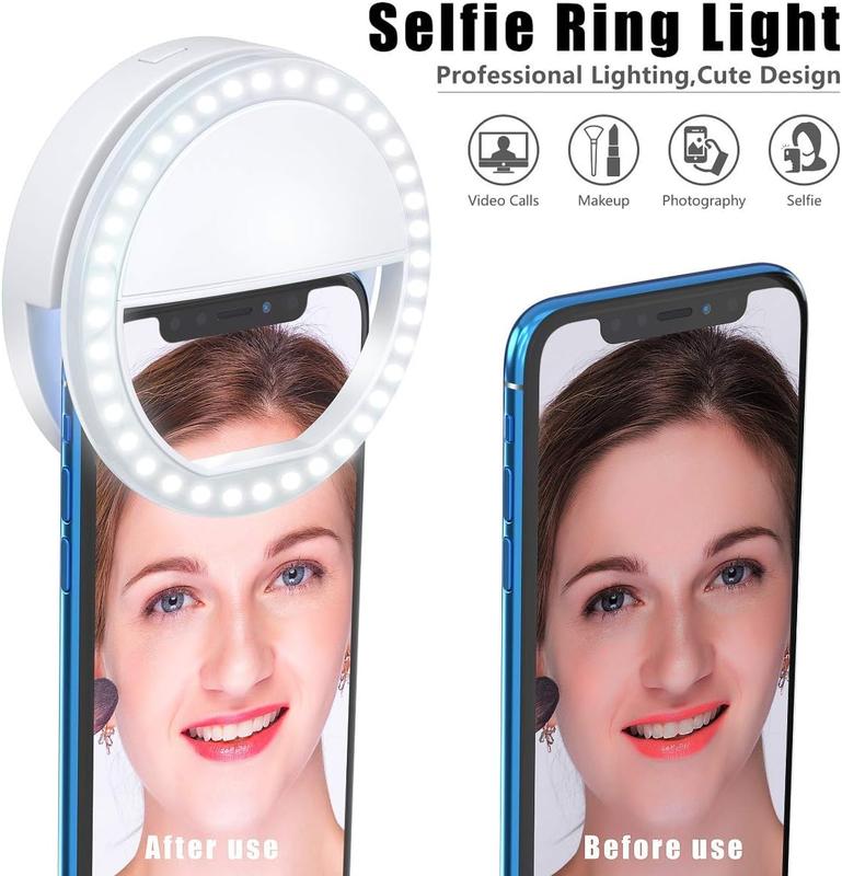 Selfie Ring Light, [Rechargeable] with 36 LED Lights, 3-Level Adjustable Brightness Clips On Phone Ring Light Compatible with iPhone 16 15 14 13 12 11 Plus Pro Max iPad Laptop Samsung, White