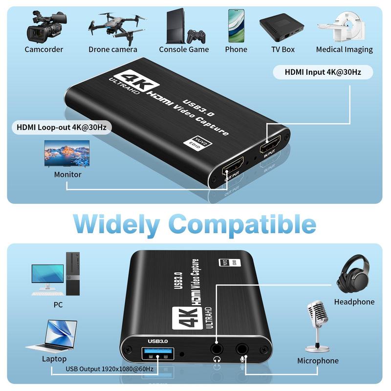 4K HDMI Video Capture Card for Streaming, Full HD 1080P 60FPS USB Cam Link Game Audio Video Capture Card, USB 3.0 Capture Card for Switch PS5 PS4 PC OBS Xbox