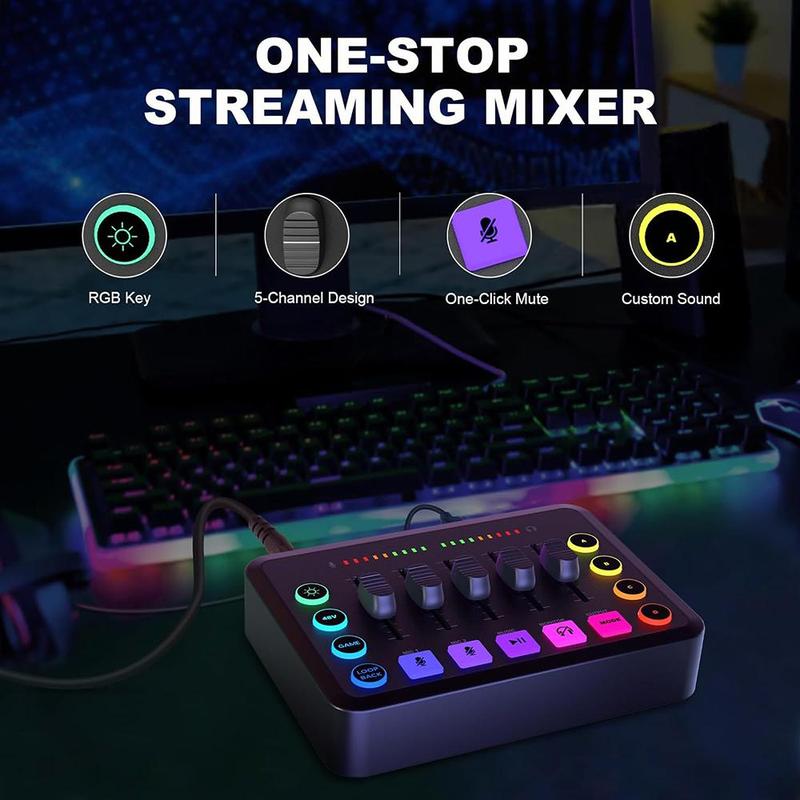 USB Rechargeable Audio Mixer, RGB PC Mixer with XLR Microphone Interface, Volume Fader, Mute Button, 48V Phantom Power, DJ Controller for Podcast Recording