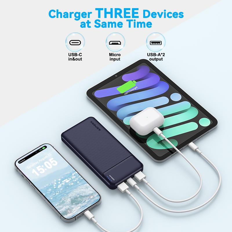 AsperX 2 Pack Power Bank 0.5in Slim Portable Charger, USB-C in&out High-speed Charging Battery Pack, Charge Three Devices at Once, External Phone Powerbank for iPhone, Samsung, LG, Airpods, Bluetooth, etc Accessories Smartphone Perfect as Christmas Gifts