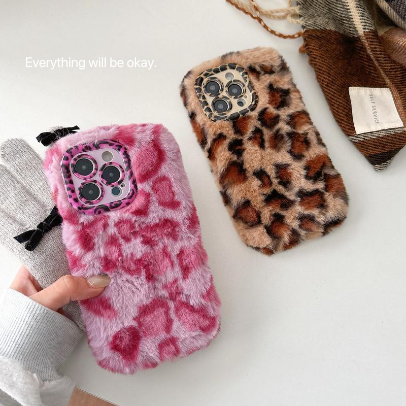 Fashion Leopard Print Plush Phone Case, 1 Count Cute Phone Protective Cover, Phone Accessory Compatible with iPhone 16 15 Pro Max 15 Pro 15 Plus 14 Pro Max