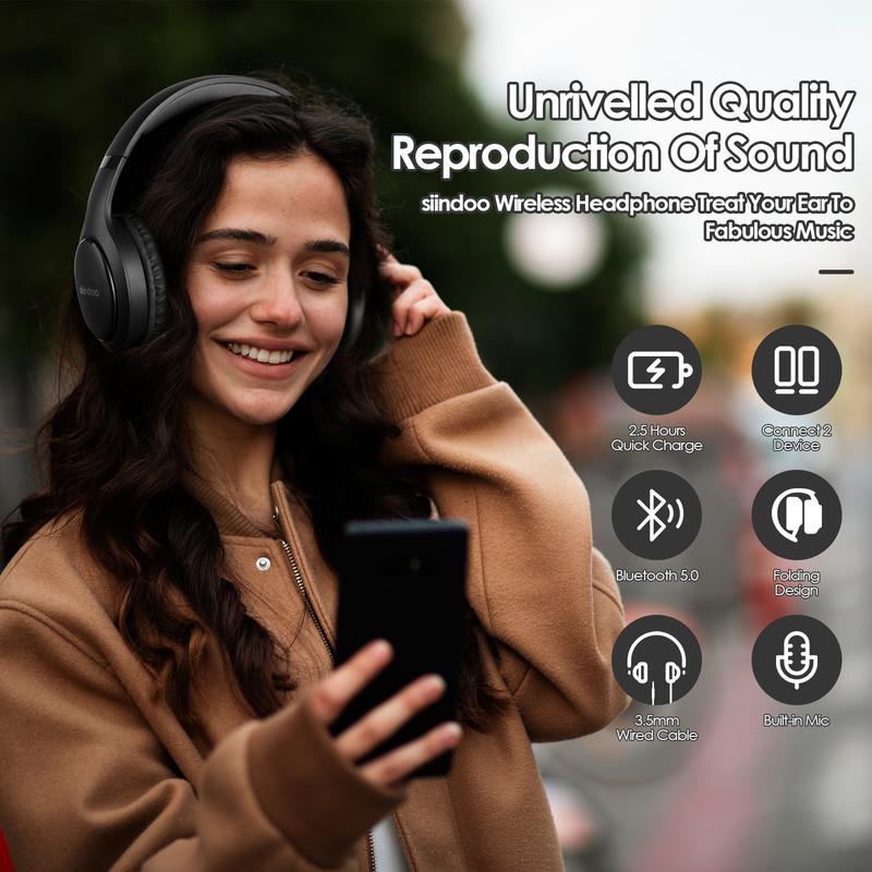 Siindoo Bluetooth Headphones Over Ear, 65H Playtime and 3 EQ Music Modes Wireless Headphones with Mic, Stereo Foldable Wireless Audio Gaming Headset