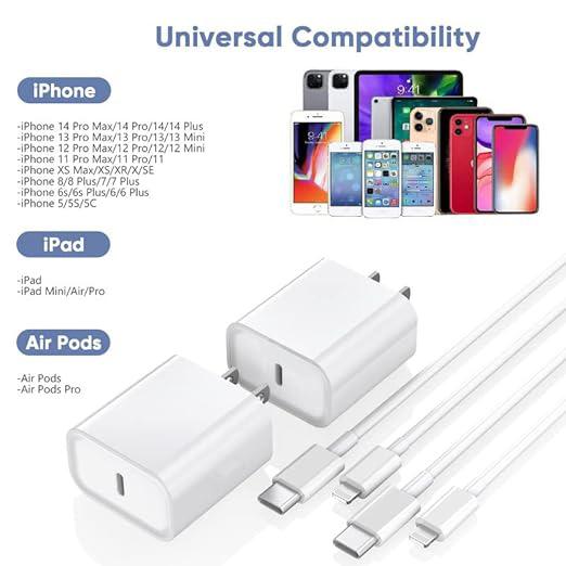 Fast Charger 10FT 6FT USB-C to Lightning Cable (2-Pack) with Type-C Charging Adapter Wall Charger Block for iPhone 14 13 12 11 X XR. Mobile Smartphone