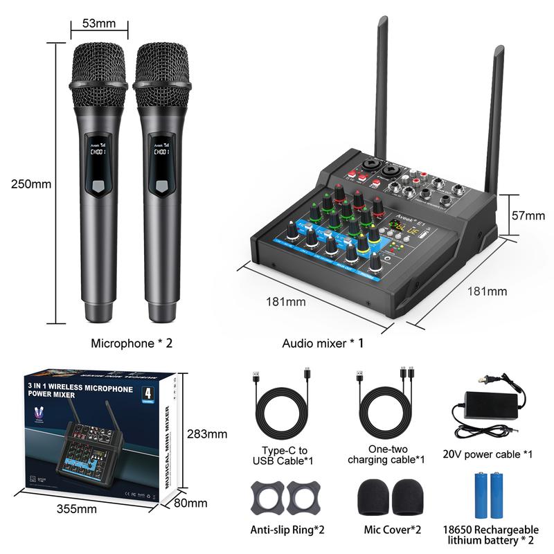 150W x2 Audio Mixer,4Channel With Dual Wireless Mic Sound Board Console Input 48V Stereo  Mixing for Rechargeable Recording Receiver  Digital Phone