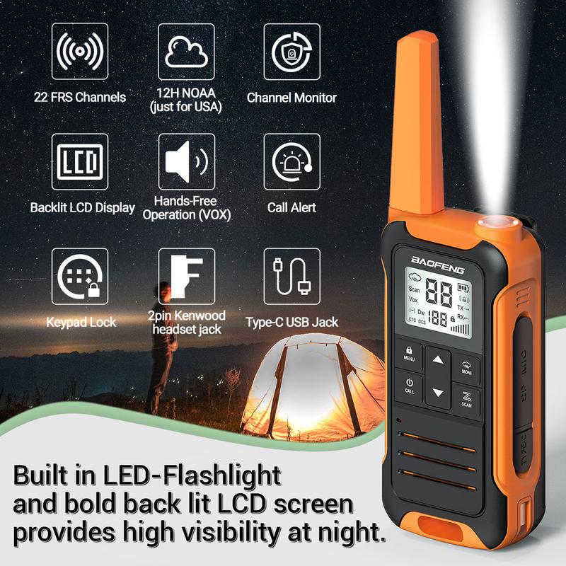 Baofeng Radio F22 Long Range Walkie Talkies for Adults with 22 FRS Family 2-Way Radio with LED Flashlight VOX for Hiking Camping Trip (Orange 4 Pack)