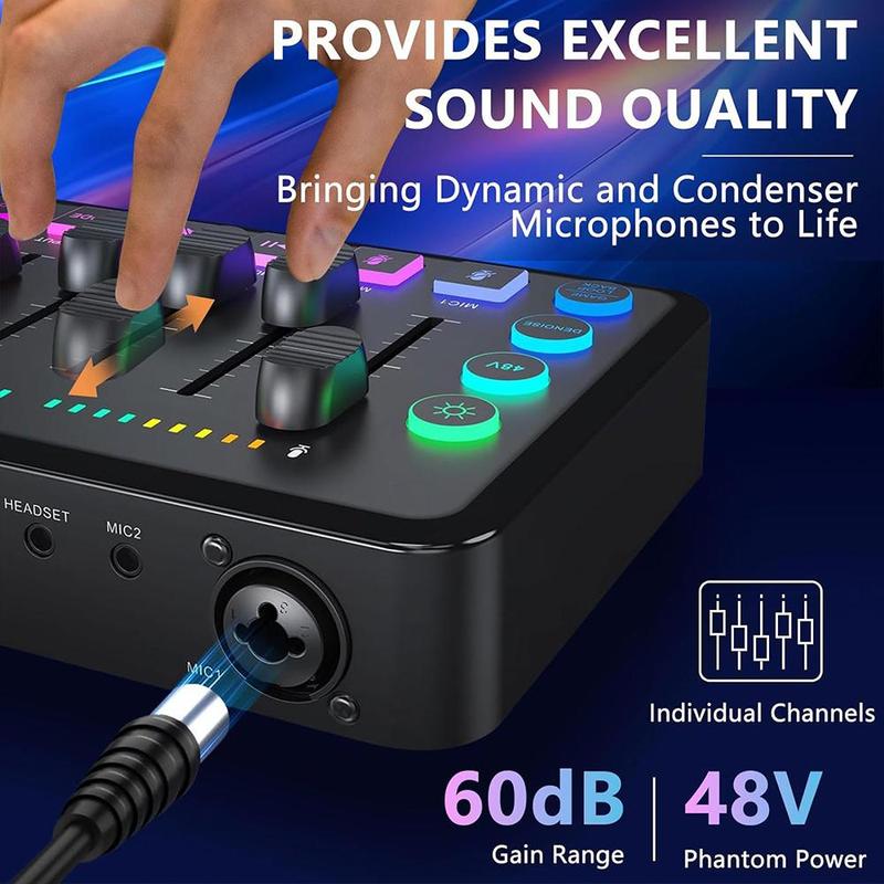 USB Rechargeable Audio Mixer, RGB PC Mixer with XLR Microphone Interface, Volume Fader, Mute Button, 48V Phantom Power, DJ Controller for Podcast Recording