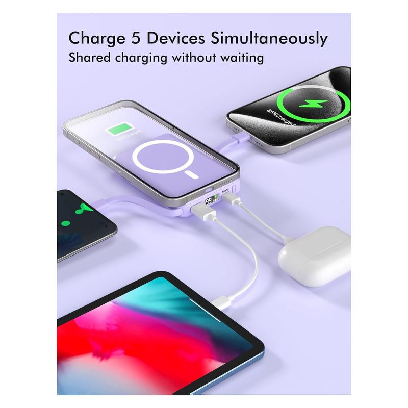 Podoru 10000 mAh Multifunctional Battery Pack, Portable Wireless Charger Magnetic Power Bank Built-in USB C Lightning Cable for iPhone 16 15 14 13 12 Series