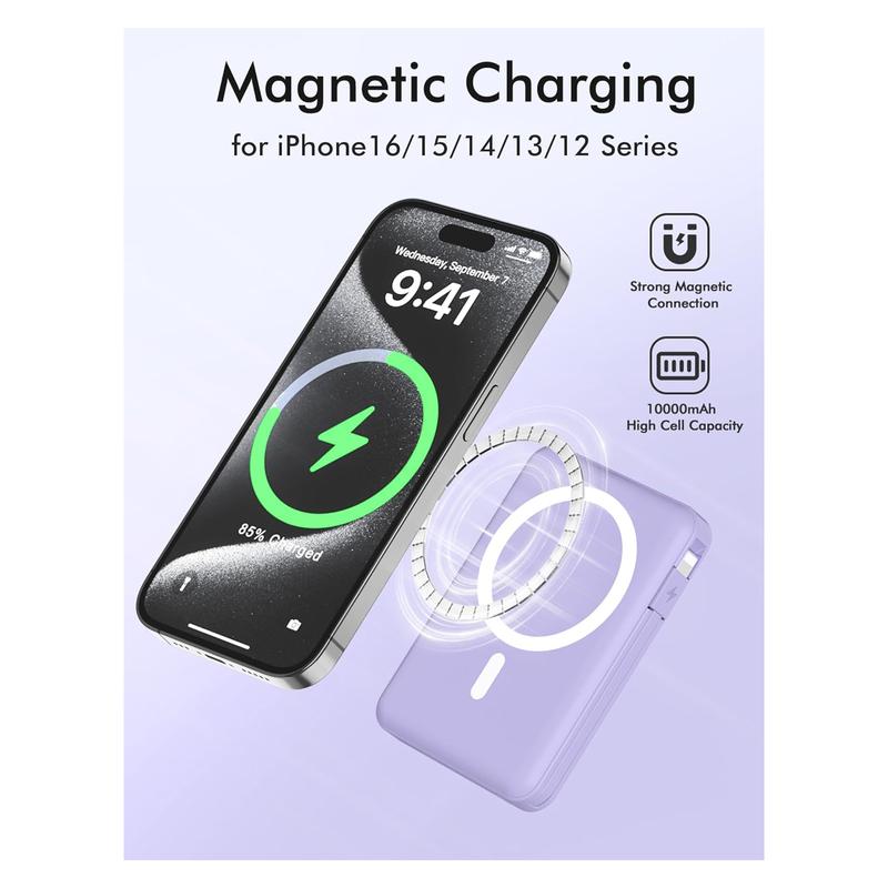 Podoru 10000 mAh Multifunctional Battery Pack, Portable Wireless Charger Magnetic Power Bank Built-in USB C Lightning Cable for iPhone 16 15 14 13 12 Series