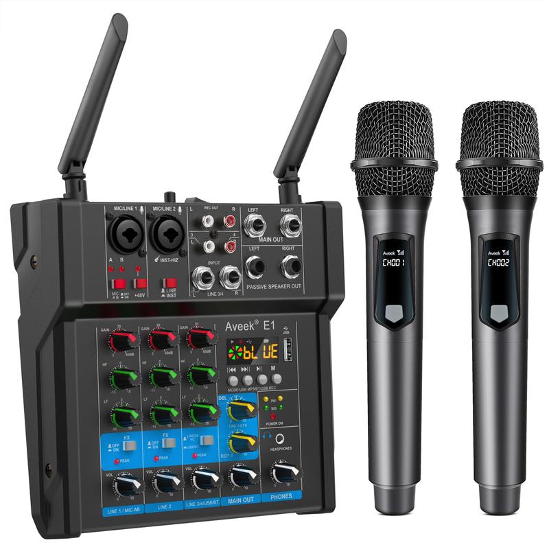 150W x2 Audio Mixer,4Channel With Dual Wireless Mic Sound Board Console Input 48V Stereo  Mixing for Rechargeable Recording Receiver  Digital Phone