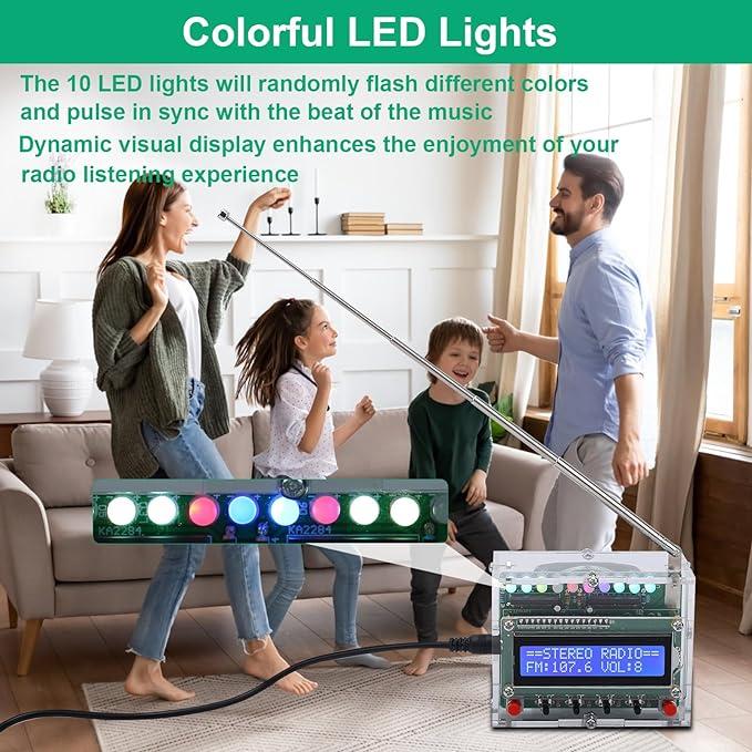 FM Radio Kit, Soldering Projects Radio with LED Flashing Lights FM 87-108MHz Soldering Practice Kit DIY Radio Kit LCD1602 Display for Learning Teaching STEM Education