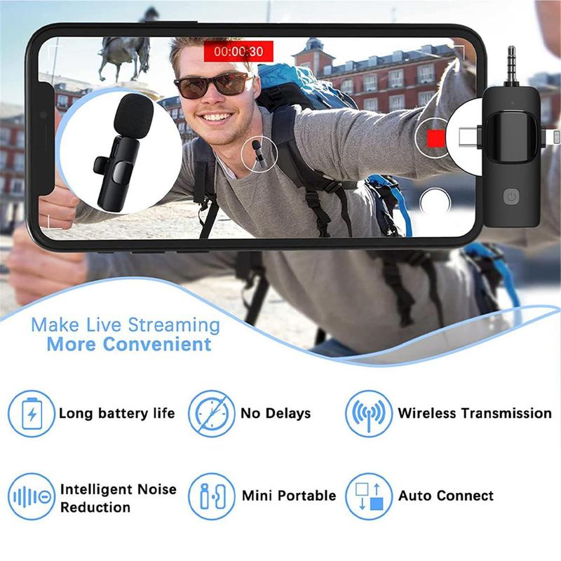 -1.99$ 1 set Professional Wireless Lavalier Lapel Long Standby Microphone For iPhone smartphone For iPad - Cordless Omnidirectional Condenser Recording Mic for audio Interview Video Podcast Vlog Game Live Streaming Collar Clip for TikTok, Mini Microphone