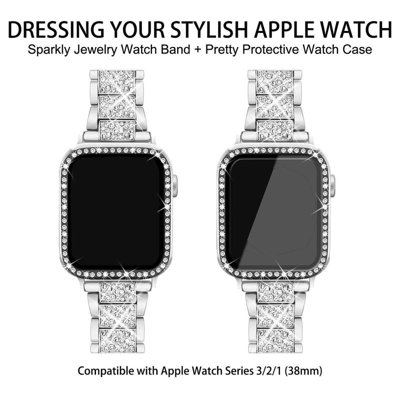 Rhinestone Decor Watch Band & Jewelry Bracelet Set, 4 Counts Set Watch Band with 2 Bling Case Cover, Watch Accessories for Apple Watch 9 8 7 6 5 4 3 2 1 SE