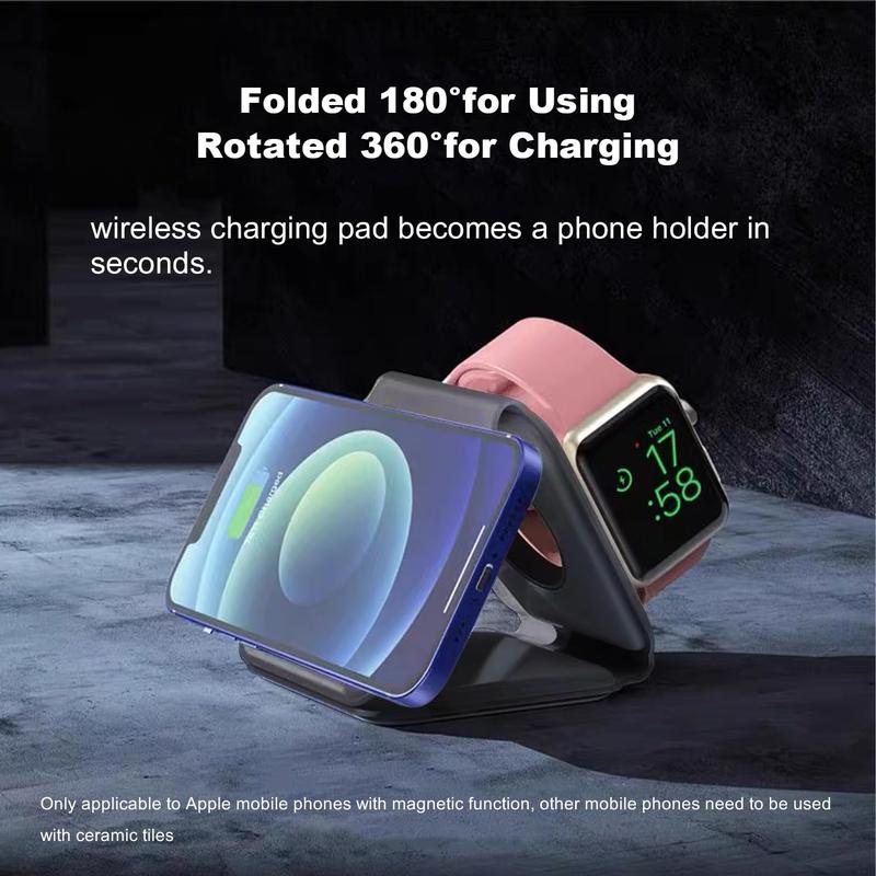 3 in 1 Wireless Charging Station, 1 Count Magnetic Foldable Travel Charger Station Stand, 15W Charger for iPhone 16 15 14 13 12 Pro Max Plus & Apple Watch All Series & AirPods