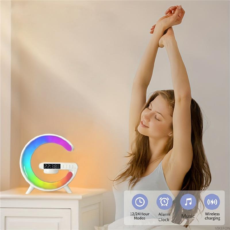 Wireless Speakers With Wireless Fast Charging, Bar Smart Light, Sunrise Alarm Clock, Wake Up Light For Bedrooms, Energize Your Mornings: Smart RGB Speaker Lamp With Sunrise Alarm & Fast Wireless Charging - Ideal For Bedrooms, Dorms, Gifts