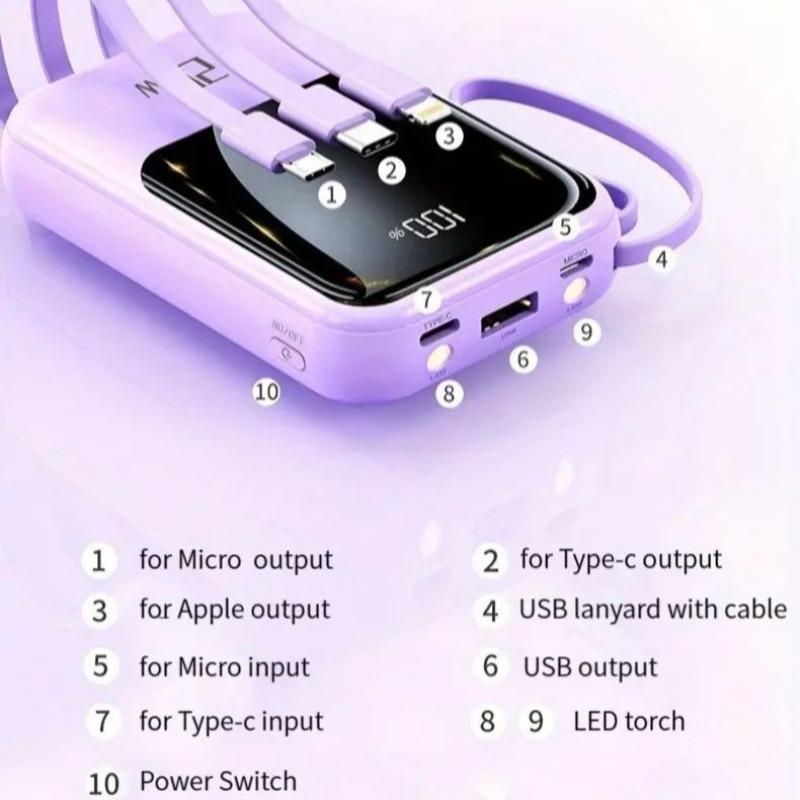 10000mAh Power Bank, Portable Mini Power Bank with Built-in Cable & Flashlight Function, PD20W Fast Charging Power Bank for Home Office Outdoor Use