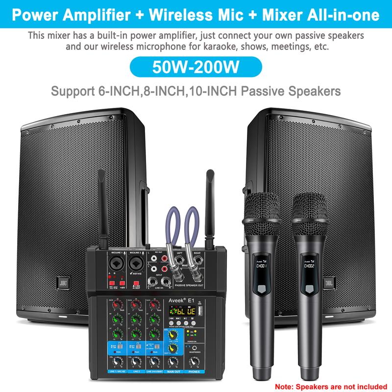 150W x2 Audio Mixer,4Channel With Dual Wireless Mic Sound Board Console Input 48V Stereo  Mixing for Rechargeable Recording Receiver  Digital Phone