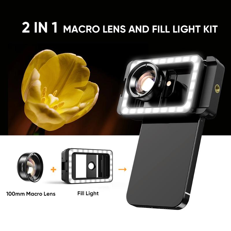 APEXEL 100mm Smartphone Macro Photography with LED Fill Light Set, 10X Macro Lens + 17mm Thread Adapter for iPhone 16 16Pro 16Pro Max, Samsung, Android Phone (Fits for Almost All Phone), Lens Attachment.