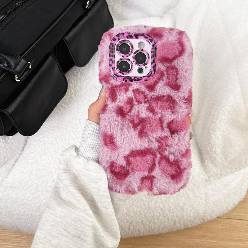 Fashion Leopard Print Plush Phone Case, 1 Count Cute Phone Protective Cover, Phone Accessory Compatible with iPhone 16 15 Pro Max 15 Pro 15 Plus 14 Pro Max