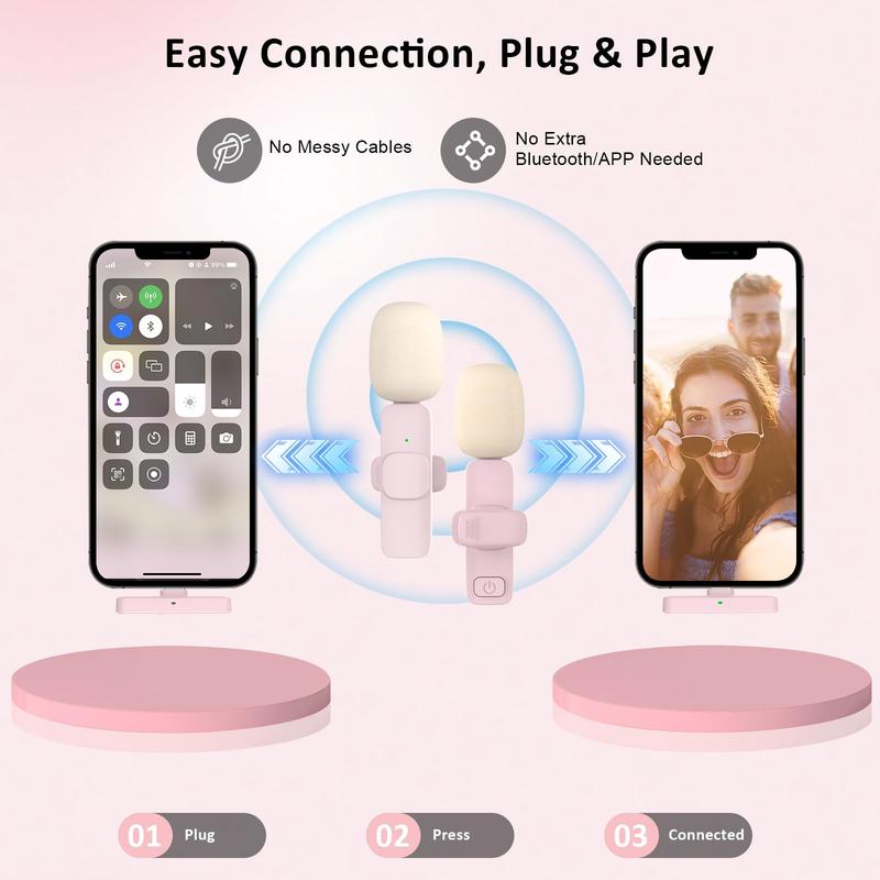 2 Pack Pink Wireless  Microphone for iPhone - Plug Play Clip on Shirt Lapel Mini Mic for TikTok YouTube Facebook Live Stream Vlog Video Recording -No Need App Bluetooth Audio Smartphone mic for