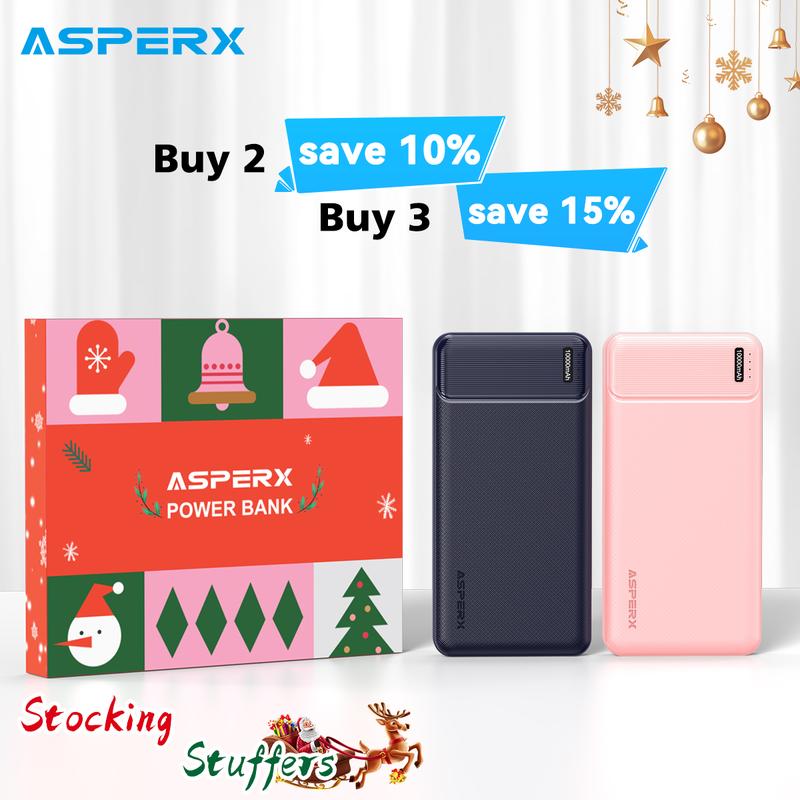 AsperX 2 Pack Power Bank 0.5in Slim Portable Charger, USB-C in&out High-speed Charging Battery Pack, Charge Three Devices at Once, External Phone Powerbank for iPhone, Samsung, LG, Airpods, Bluetooth, etc Accessories Smartphone Perfect as Christmas Gifts