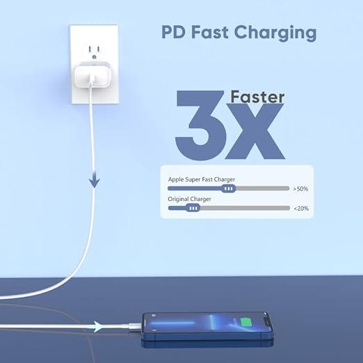 Fast Charger 10FT 6FT USB-C to Lightning Cable (2-Pack) with Type-C Charging Adapter Wall Charger Block for iPhone 14 13 12 11 X XR. Mobile Smartphone