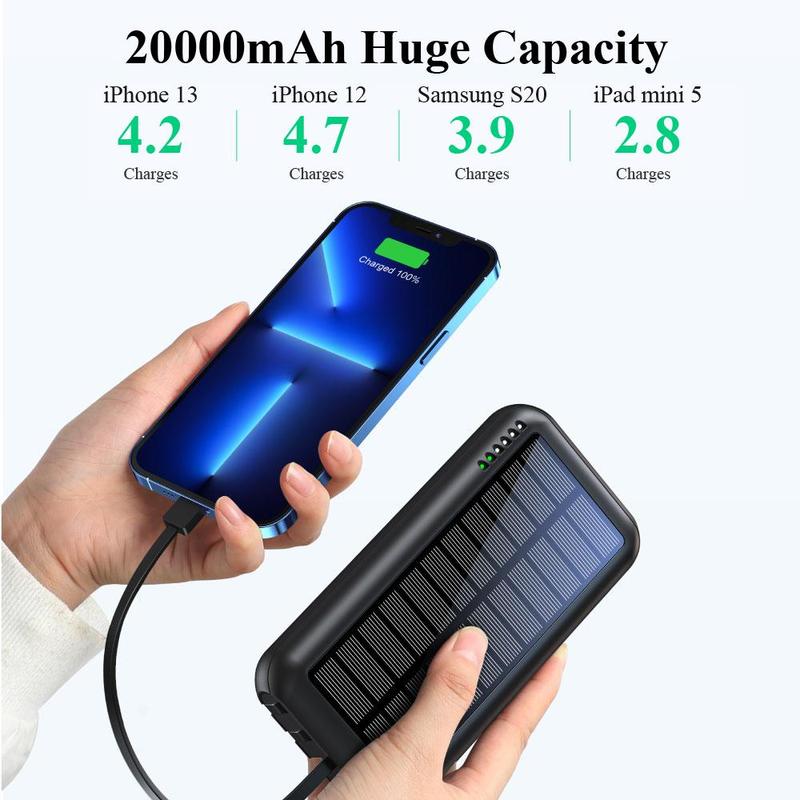 Solar Power Bank for Summer, 1 Count Chargeable Power Bank with 4 Output Cables & LED Flashlight for Smartphone, Portable Compact Multicharger with LED Lights, Power Bank Charger, Phone Accessories