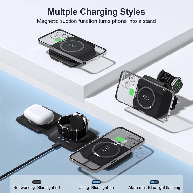 3 in 1 Wireless Charging Station, 1 Count Magnetic Foldable Travel Charger Station Stand, 15W Charger for iPhone 16 15 14 13 12 Pro Max Plus & Apple Watch All Series & AirPods