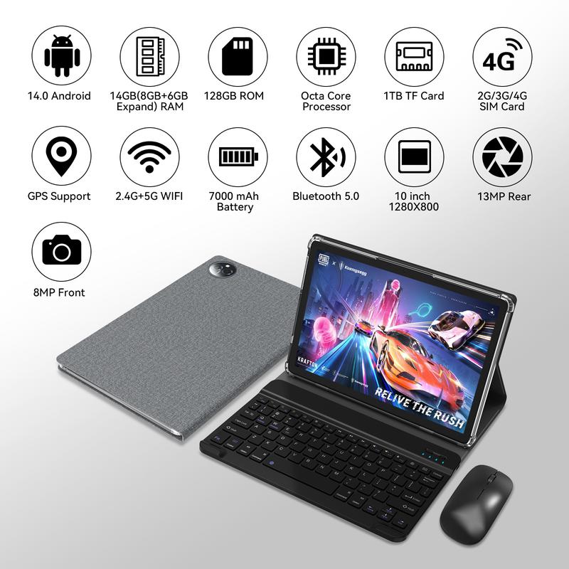 Tablet 10 inch 2024 Newest Android 14 Tablet with 128GB Rom+14GB Ram+2TB Expand, 4G Cellular Tablets with Dual Sim Slot, 2 in 1 Tablet with Case Keyboard Mouse, 5G Wifi, Octa-Core GPS 8000mAh tablet android android tablet