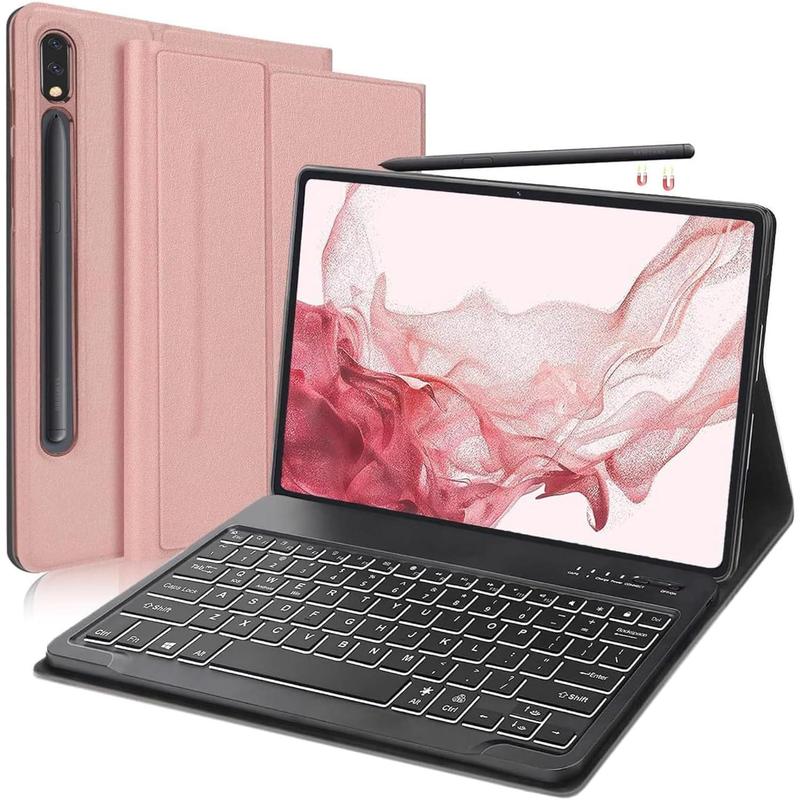 Tablet Keyboard Case for Galaxy Tab S7 Fe (5g) 2021   S8 2022-backlight detachable wireless Bluetooth keyboard, smart protective folio case with S Pen Holder for Galaxy Tab S7, pink