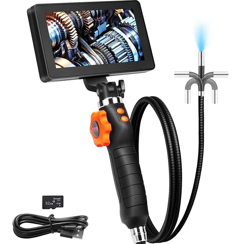 Articulating Borescope Camera With Light, Two-Way Articulated Endoscope Inspection Camera With 6.4mm Tiny Lens, IPS 1080P HD Screen, 8X Zoom, 8 LED Light