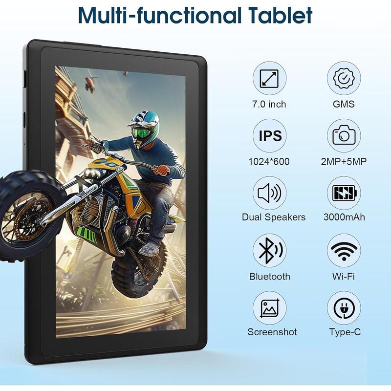 Newest Tablets Android 12, 7 inch Tablets, 4GB+32GB 1TB Expand, 2.4G+5G+Wi-Fi 6, Dual Camera, 3000 mAh, BT, GMS, Games, Work(Black)