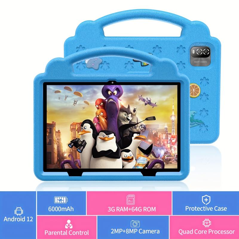 Android 12 Tablet, 10.1 Inch Children's Tablet, 6gb (3gb + 3gb Expandable) ROM, 64gb Ram, WiFi, Dual Camera, Parental Control, Google, Pre-Installed Applications, Games, learning Education Toddler Tablet with Case, 2024, Tablet