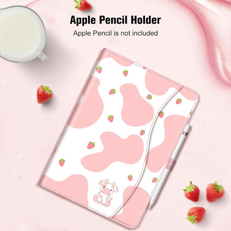 Multi-Angle Viewing Stand Cover Compatible with Pocket & Pencil Holder, Auto Sleep Wake, Suitable for iPad 9th   8th   7th Generation (2021 2020 2019) 10.2 Inch - [Corner Protection] Strawberry Cow