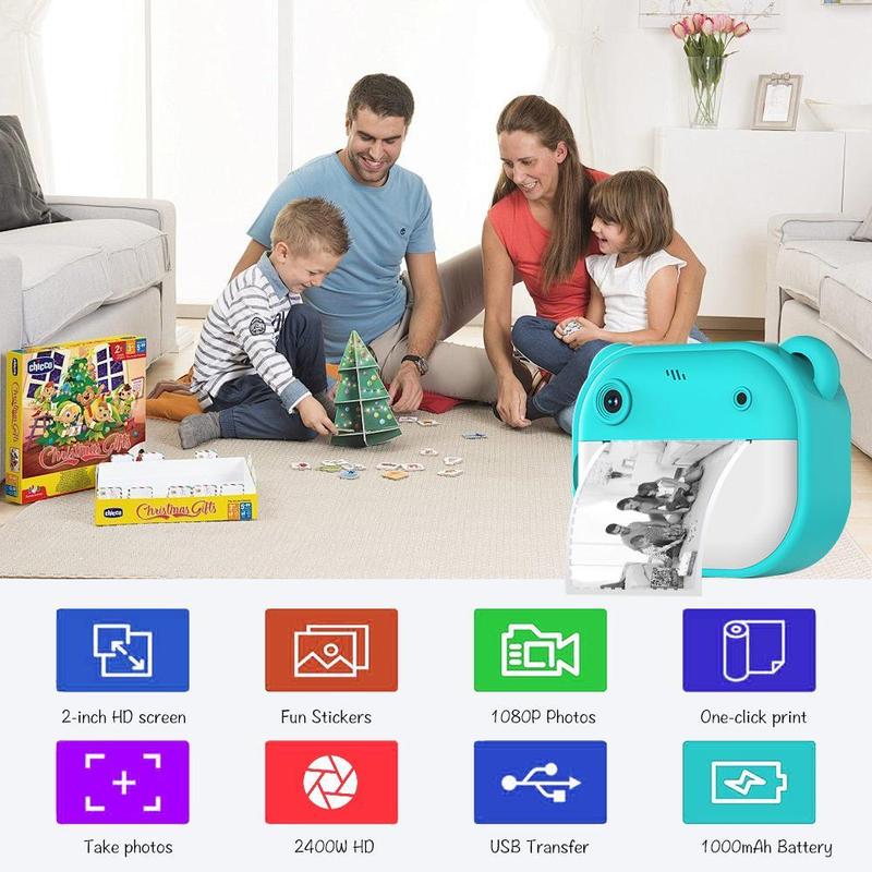 Multifunctional 1080P HD Dual Camera Instant Print Camera, Rechargeable Video Selfie Toy Camera with 32G Storage Card & Print Paper, Birthday Gift