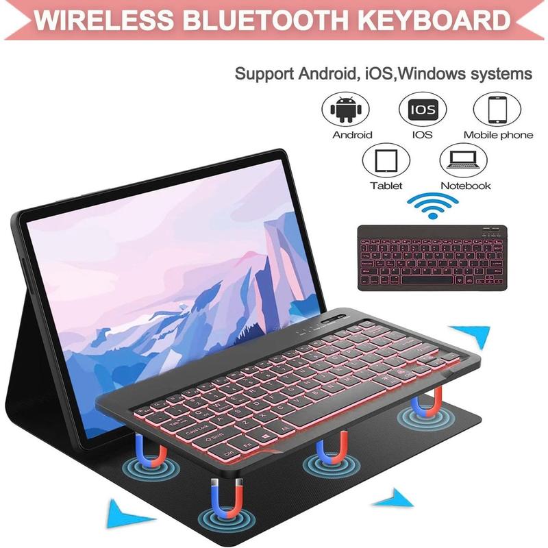 Tablet Keyboard Case for Galaxy Tab S7 Fe (5g) 2021   S8 2022-backlight detachable wireless Bluetooth keyboard, smart protective folio case with S Pen Holder for Galaxy Tab S7, pink