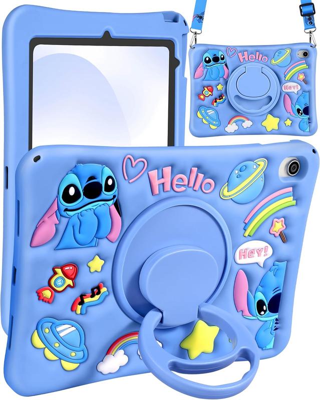 for iPad 10th Generation Case 10.9 Inch - Cute Cartoon Character 3D Unique Design for Girls Women Girly Soft Silicone Kickstand for iPad Case 10th Generation 2022 with String, Blue Stit