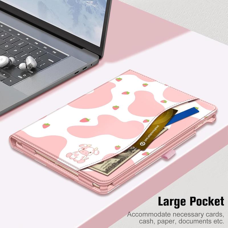 Multi-Angle Viewing Stand Cover Compatible with Pocket & Pencil Holder, Auto Sleep Wake, Suitable for iPad 9th   8th   7th Generation (2021 2020 2019) 10.2 Inch - [Corner Protection] Strawberry Cow