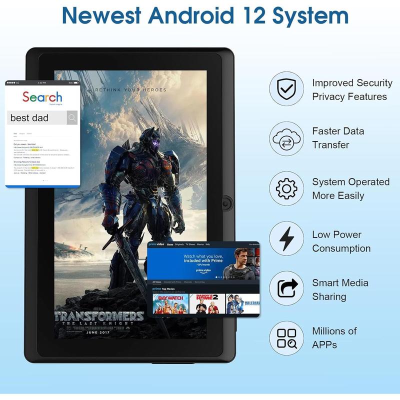 Newest Tablets Android 12, 7 inch Tablets, 4GB+32GB 1TB Expand, 2.4G+5G+Wi-Fi 6, Dual Camera, 3000 mAh, BT, GMS, Games, Work(Black)