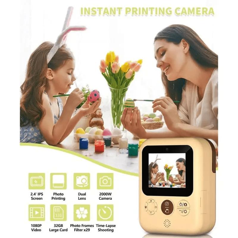 Instant print camera for kids, creative Christmas and birthday gift for boys and girls ages 6 and up, HD digital camera with thermal paper, educational children's toy camera, portable instant print camera, includes 32GB SD card